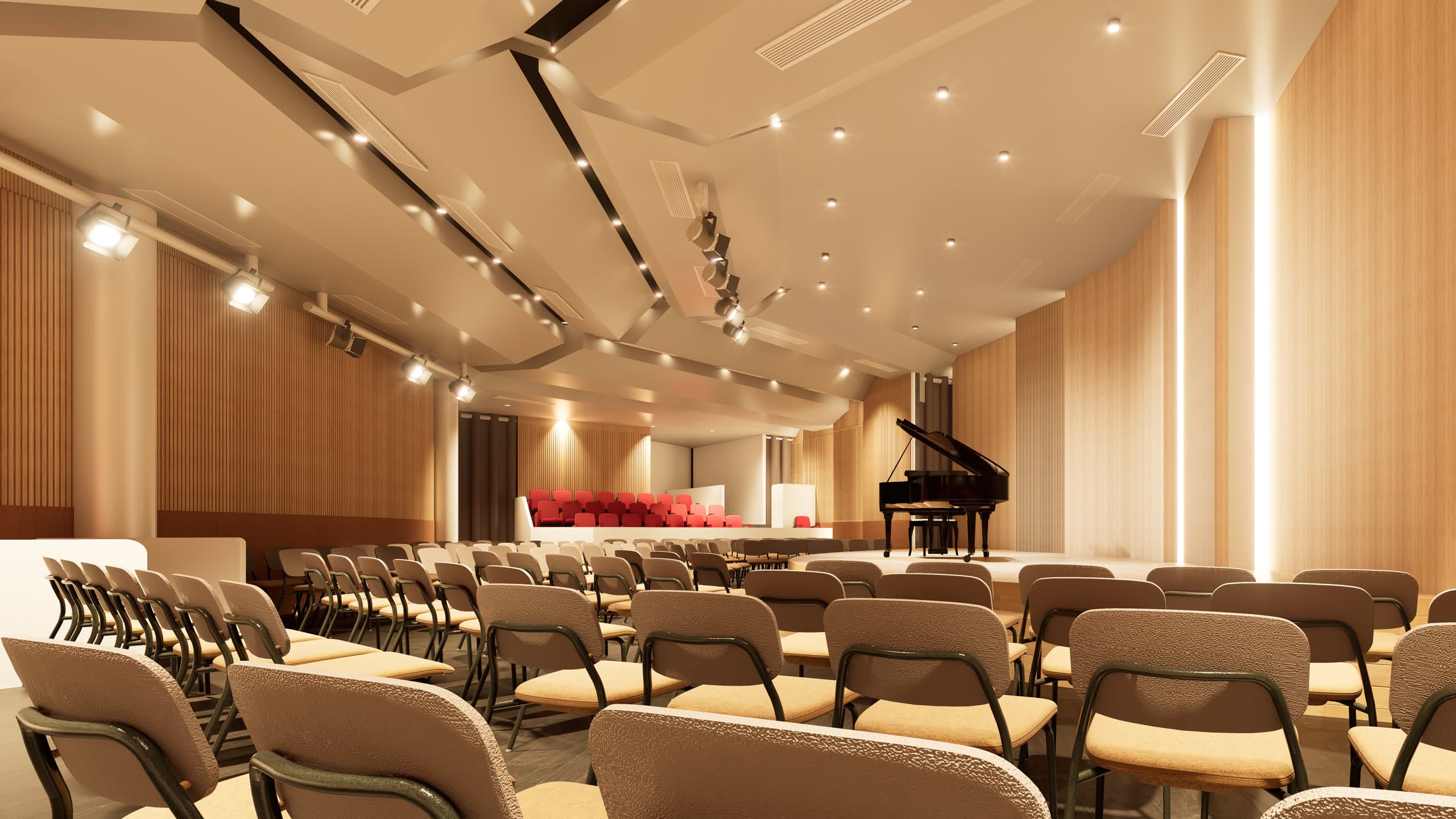 Audience-facing view toward the Arena of Belief stage and piano platform.