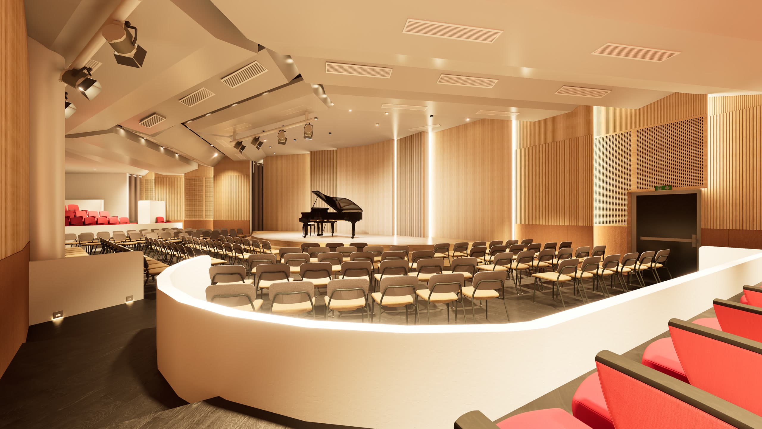 Balcony seating and side-stage view inside the Arena of Belief recital hall.
