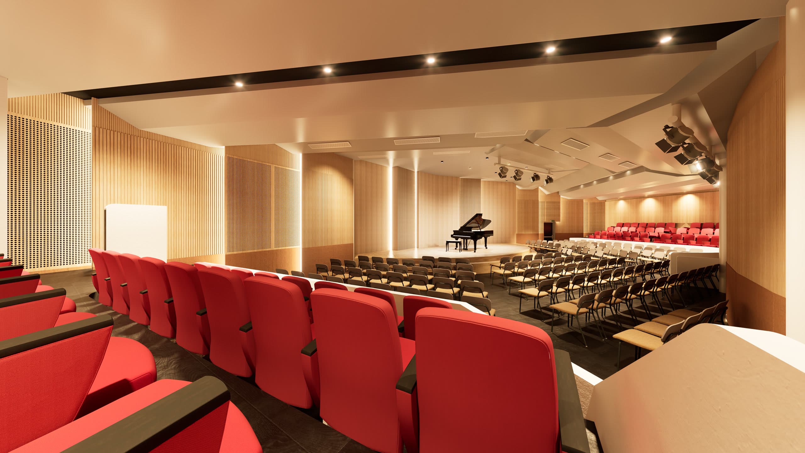 Wide interior view of the Arena of Belief recital hall from the upper seating level.